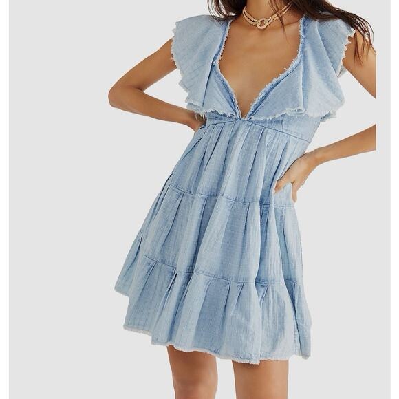 Free People Undone Mini Dress Blue Deep V-Neck Tiered Boho Beachy S - Picture 3 of 10